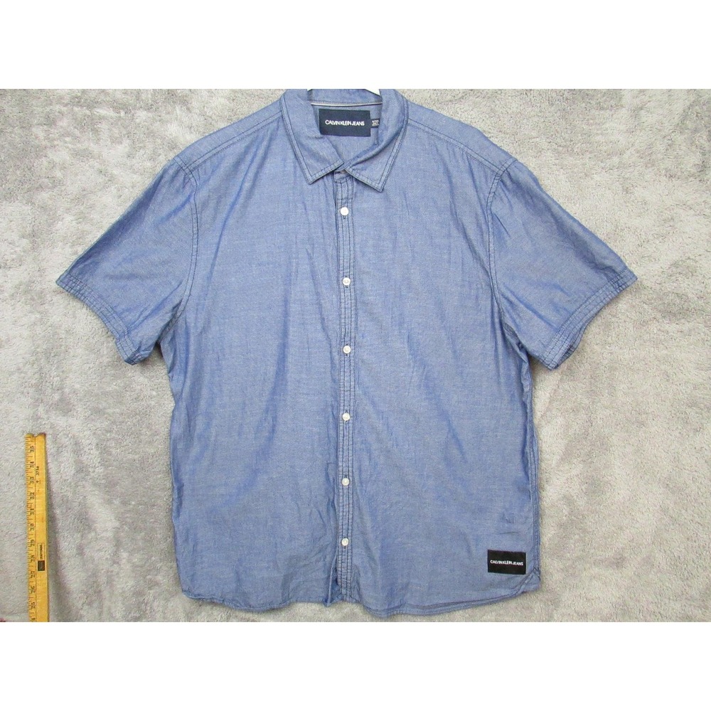 Calvin Klein Jeans Shirt Mens XL Blue Short Sleeve Button Front Chambray Casual